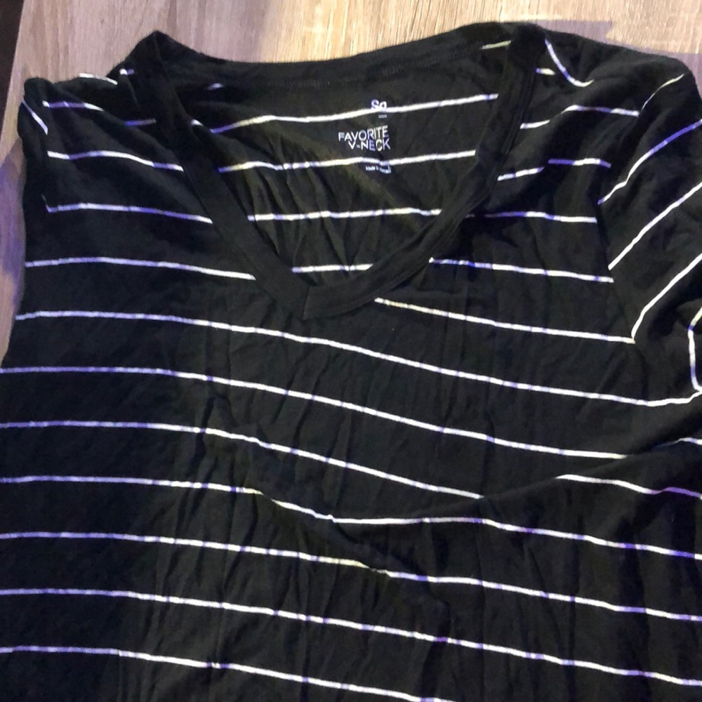 large black and white striped tee with a v-neck